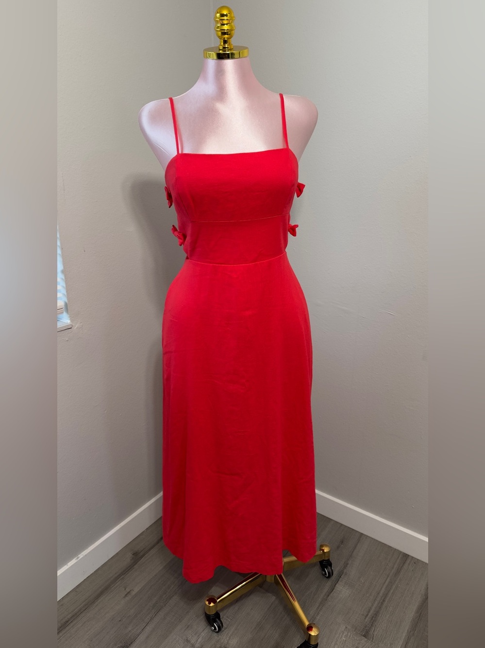 Red Spaghetti-Strap Midi Dress with Side Bow Details